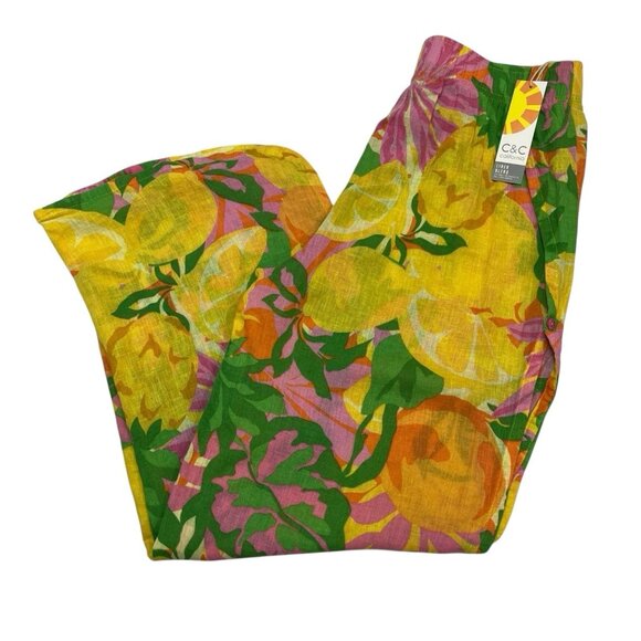 C & C California Pants S Linen Blend Wide Leg Cropped Split Leg‎ Colorful Beachy - Picture 1 of 10